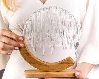 Fused Glass Icicle Sculpture: Handmade Tabletop Art on Oak Base
