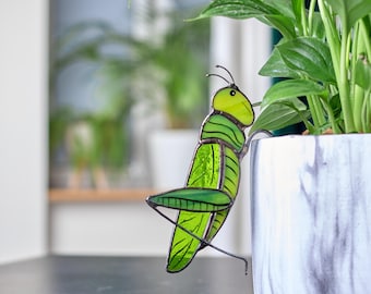 Gebrandschilderd glas sprinkhaan plantenpot knuffelaar – Green Bug Garden Decor voor binnen- en buitenplanten