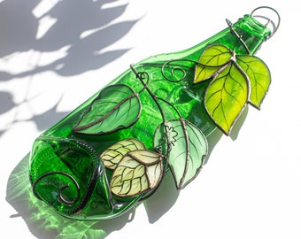 Beer Lover's Delight: Fused Glass Bottle with Hops and Leafy Accents for Bar and Pub Decor