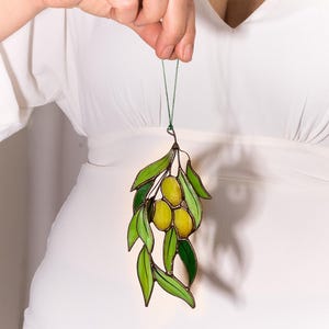 Olive Branch Stained Glass Suncatcher | Symbol of Hope and Renewal | Floral Gift Idea for Plant Lover and Glass Artwork Collector