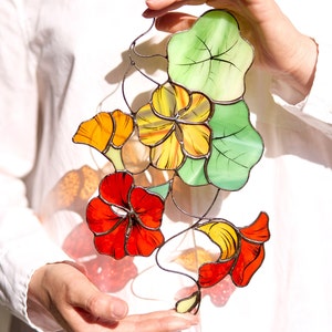 Suncatcher Nasturtium stained glass flower gift for window decoration