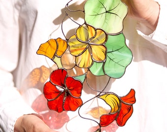 Suncatcher Nasturtium stained glass flower gift for window decoration