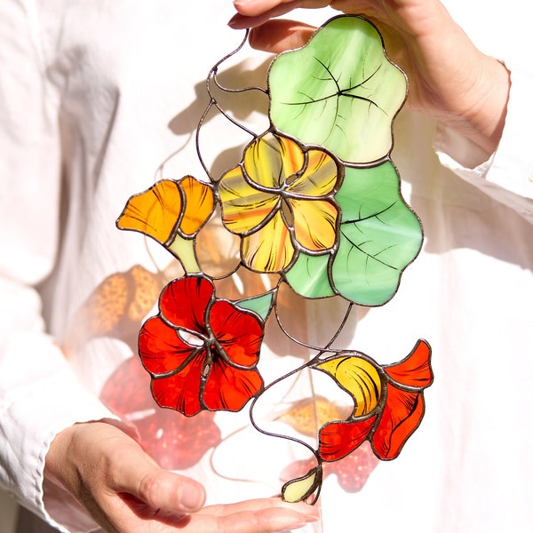 Suncatcher Nasturtium stained glass flower gift for window decoration