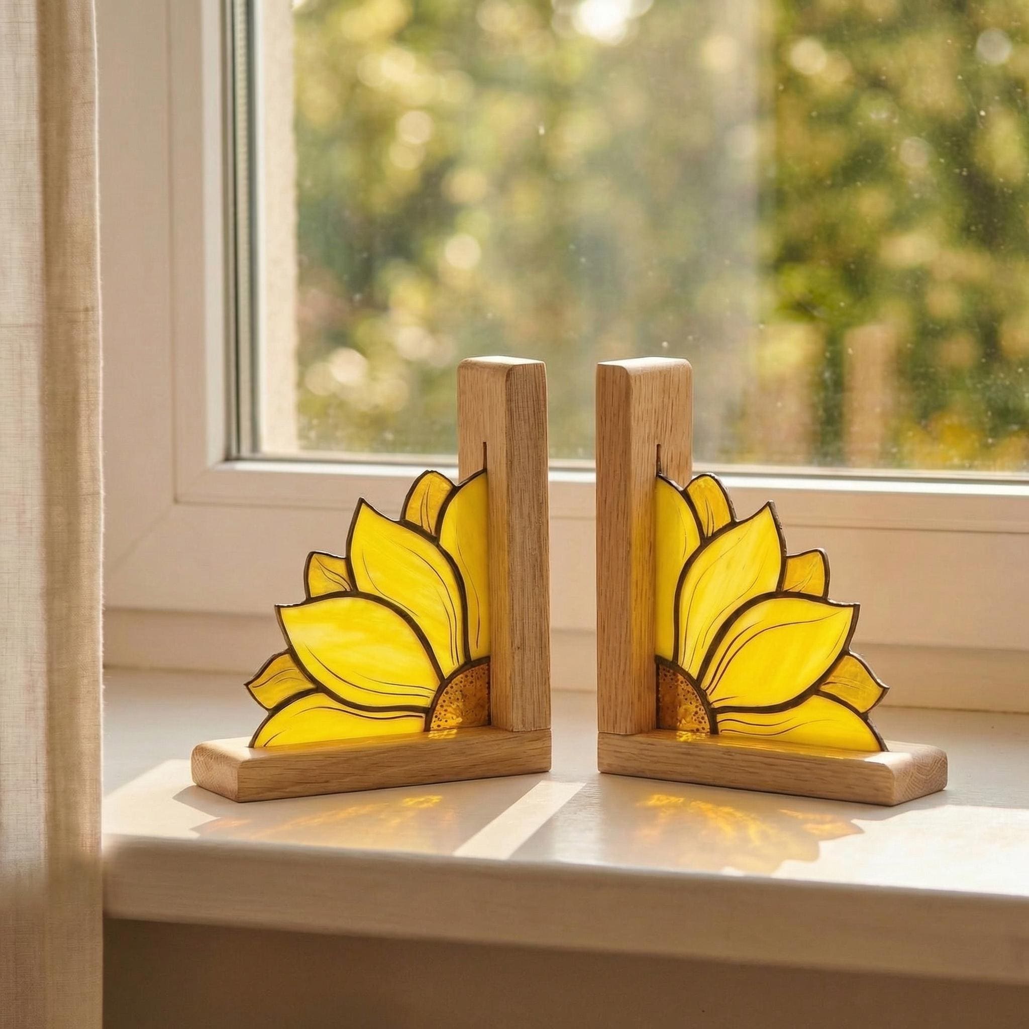 Sunflower Stained Glass Bookends With Oak Base, Floral Bookshelf