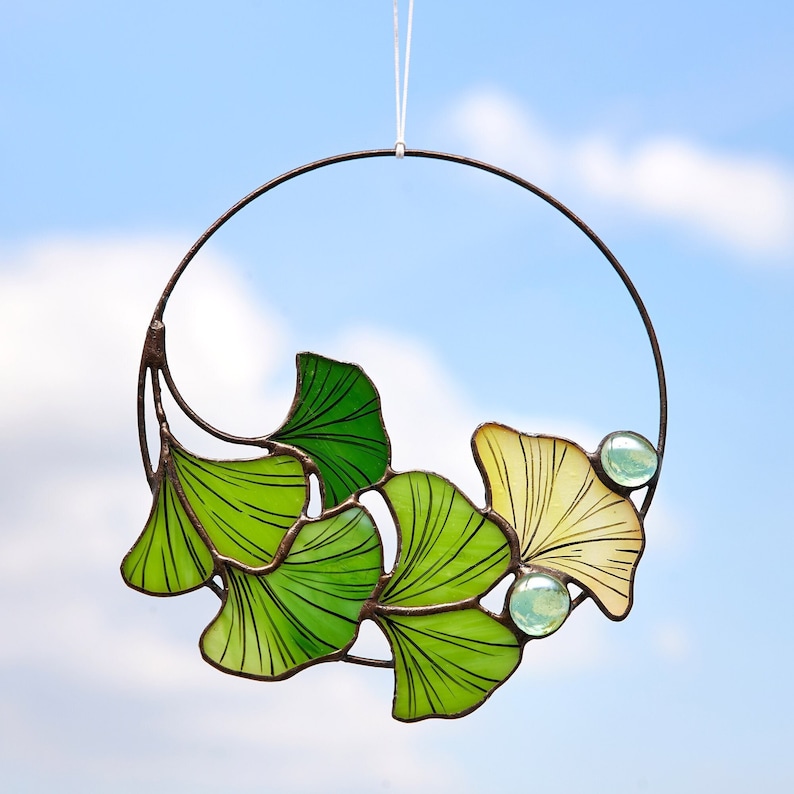 Stained Glass Ginkgo Biloba Suncatcher Leaves Branch Window Etsy