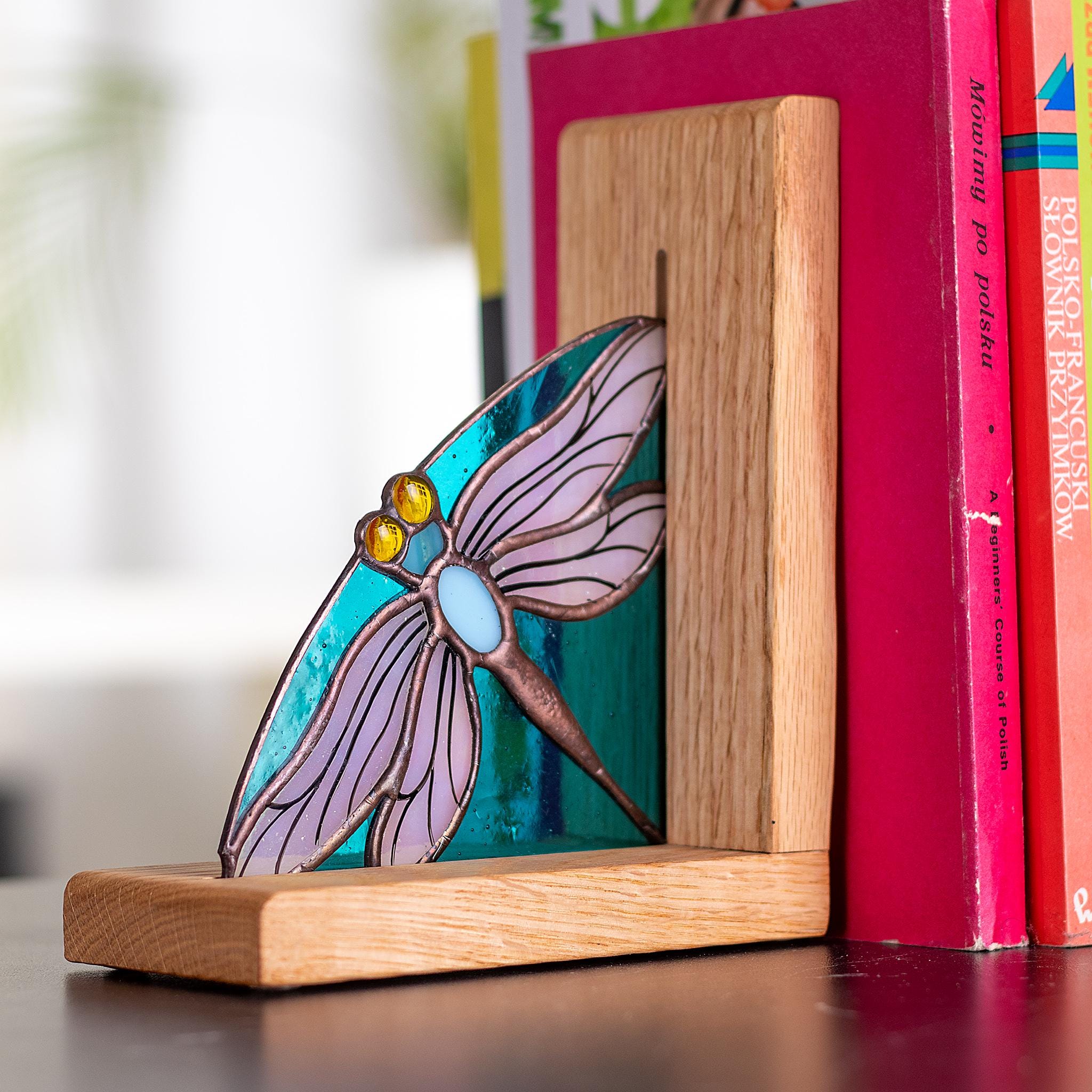 Dragonfly Stained Glass Bookends: Nature-inspired Oak Decor - Etsy