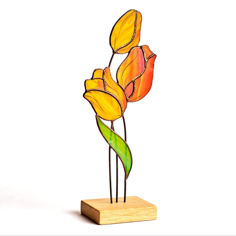 Tulip Stained Glass Tabletop Accent with Wooden Stand flower desk decor Orange
