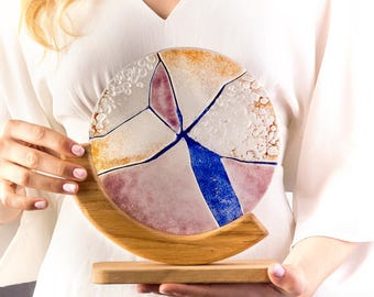 Cosmic Fused Glass Art on Oak Stand: Modern Tabletop Centerpiece