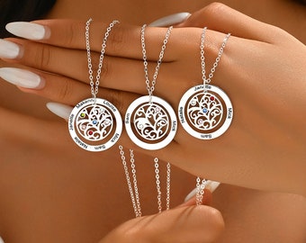 Personalized Tree Of Life Necklace With Name Engraving and Birthstone By Month  Round Pendant Family Tree Necklace Gift for Mom