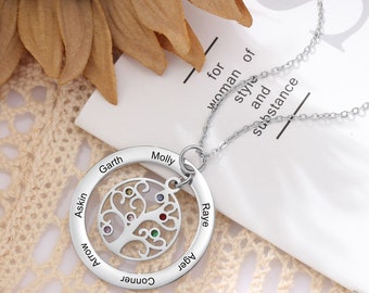 Personalized Tree Of Life Necklace With Name Engraving and Birthstone By Month  Round Pendant Family Tree Necklace Gift for Mom