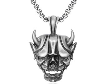 Oni Mask Charm Necklace, Handmade Japanese Hannya Mask Necklace, Demon Necklace For Boyfriend, Devil Necklace in Goth, Husband Gift