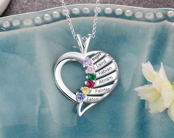 Personalized 6 Names Heart Shape Pendant Necklace with Cubic Zirconia,Custom Birthstone Necklace, Multiple Birthstone,Mothers Day Gift