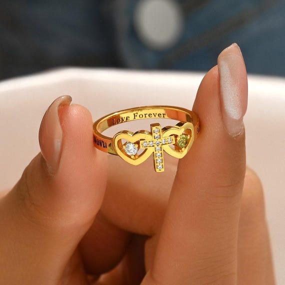 Double Heart Birthstone Cross Ring, Custom Birthstone Name Ring
