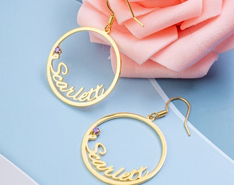 Boucles d'oreilles prénom personnalisées avec pierre de naissance, créoles personnalisées exagérées, boucles d'oreilles prénom, cadeau boucles d'oreilles personnalisées, cadeau fête des mères