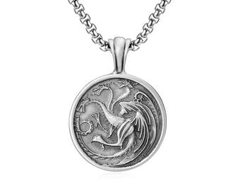 Collar de plata hecho a mano con dragón de tres cabezas, colgante de plata de Balerion, Meraxes y Vhagar, colgante de dragón de Aegon, collar de dragones de Targaryen