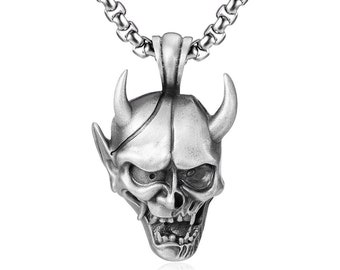 Oni Mask Men Charm Necklace, Japanese Hannya Mask Necklace For Best Friend, Demon Necklace For Boyfriend, Handmade Devil Necklace in Goth