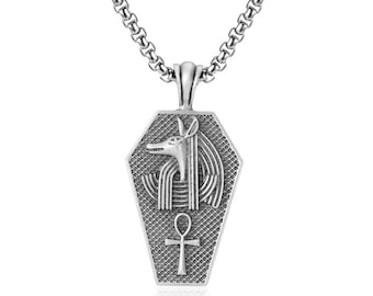Anubis Egyptian God Necklace, God of The Dead with Ankh as Hieroglyph, Men Coffin Necklace, Mythology Lover Gift, Handmade Unique Pendant