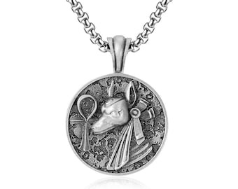 Anubis and ankh engraved necklace for men in silver, Personalized egyptian mythology necklace, Handmade necklace for dad
