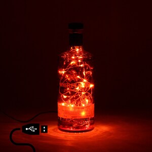 May include: A clear glass bottle illuminated by red fairy lights. The bottle has a black cap and a label. A USB cable is connected, indicating a USB power source. The bottle is filled with red lights.