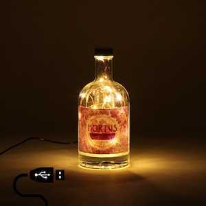 May include: A repurposed glass bottle with a black stopper, illuminated by warm white fairy lights. The bottle features a red and gold label with the word "Hortus" and the text "Raspberry Gin Liqueur". A USB cable is attached.