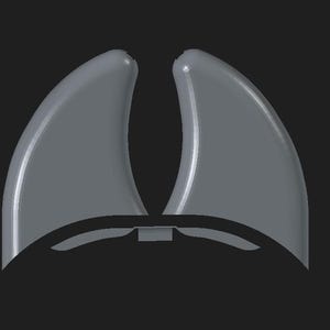 May include: A digital 3D model of two symmetrical, smooth, grey, curved horn-like shapes positioned side-by-side, featuring a base connector. The interface displays the text Start Part and New Body in the upper right corner against a dark background.