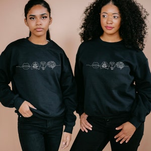 Puede incluir: Dos personas con sudaderas negras con un dibujo de línea blanca de una boca, pulmones, corazón y cerebro en la parte delantera. Las sudaderas son de estilo casual.