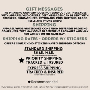 May include: A beige graphic with text detailing gift message and shipping information. The text includes details about shipping options: Snail Mail, Priority Shipping (tracked & insured), and Express Shipping (tracked & insured).