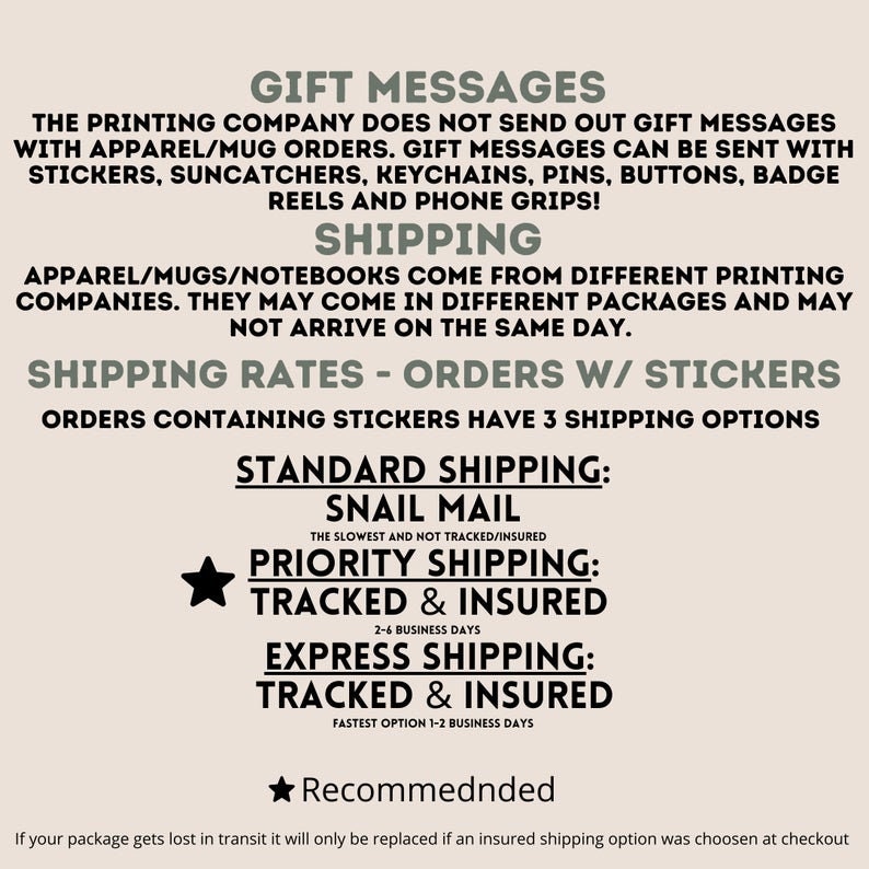 May include: A graphic with information about shipping rates for orders with stickers. The graphic includes three shipping options: Standard Shipping, Priority Shipping, and Express Shipping. The graphic also includes a note that the printing company does not send out gift messages with apparel or mug orders.
