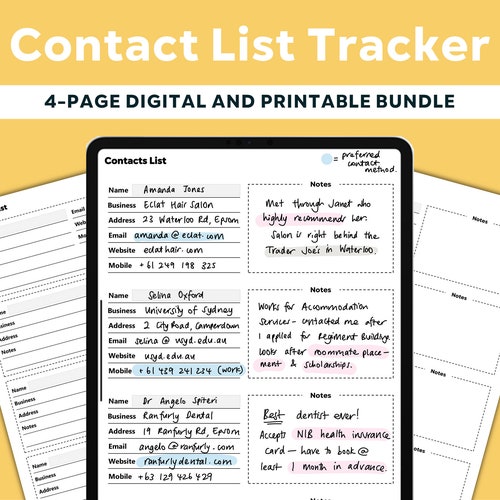 Contact List Digital Template Address Tracker Address Book Etsy