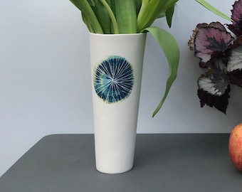 Handmade White Porcelain Vase: Mid-Century Modern Sunburst Design