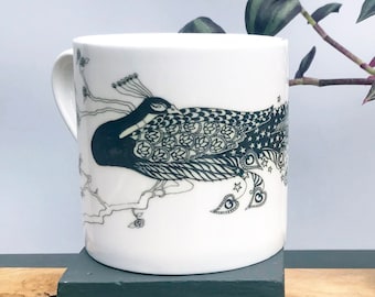 Black and White Peacock Bone China Mug: Hand-Decorated Monochrome Bird Stars Design