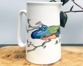 Peacock Bone China Pitcher: Hand-Decorated 1 Pint Milk Jug Vase