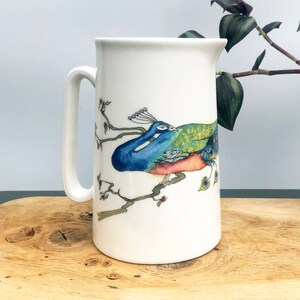 Peacock Bone China Pitcher: Hand-Decorated 1 Pint Milk Jug Vase