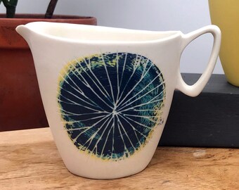 White Small Porcelain Creamer Pitcher Jug Mid-century Modern Style Sunburst design