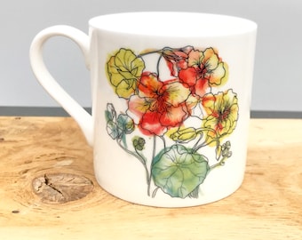 Nasturtium Large Bone China Mug: Botanical Illustration Floral Tea Coffee Cup