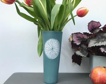 Teal Handmade Porcelain Vase: Mid-Century Modern Sgraffito Sunburst Design