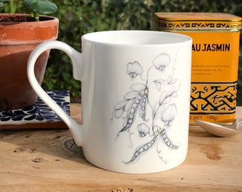 Trailing Pea Floral Illustrated Bone China Mug: Botanical Sweetpea Tea Coffee Cup