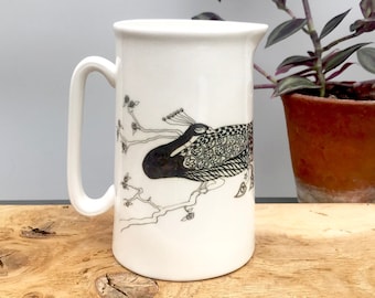 Peacock 1 Pint Bone China Pitcher: Monochrome Magical Bird Milk Jug Black & White Vase