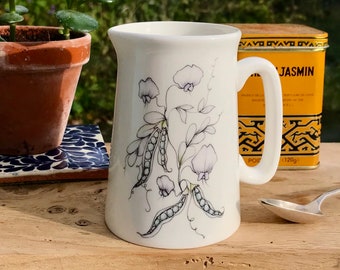 Trailing Pea Bone China Creamer: Sweetpea Botanical Milk Jug, Hand-Decorated Half Pint 0.5pt
