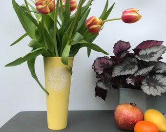 Yellow Sunburst Porcelain Vase Mid-Century Modern Minimalist Style Tall Vase Slim Vase