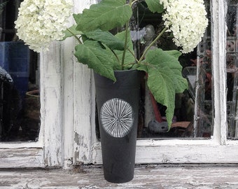 Charcoal Porcelain Handmade Vase: Mid-Century Modern Sunburst Design