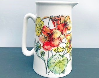 Nasturtium Floral Bone China Pitcher: 2 Pint Water Jug Botanical Vase