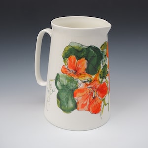 Nasturtium Bone China Pitcher 3 Pint: Hand-Decorated Floral Water Jug Vase
