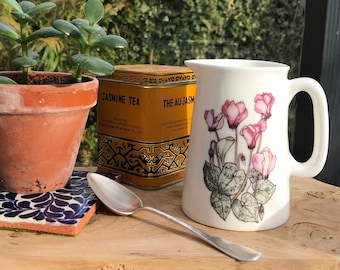 Pink Cyclamen Floral Bone China Creamer: Hand-Decorated Half Pint Milk Jug