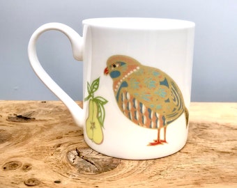 Retro Partridge & Pear Bone China Mug: Seventies Style Small Regular Tea Coffee Cup