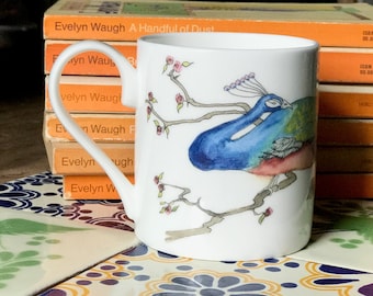 Peacock Bone China Mug: Hand-Decorated Oriental Bird Stars Regular Tea Coffee Cup