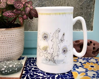 Dandelion Bone China Pitcher: Hand-Decorated Floral Jug 1 Pint 20oz Botanical Illustration