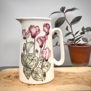 Cyclamen Floral Bone China Pitcher: Pink Botanical Illustration 2pt Jug