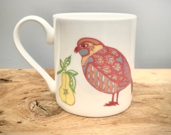 Retro Partridge & Pear Bone China Mug Seventies Style Bird Regular Tea Coffee Cup