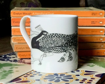 Monochrome Peacock Large Bone China Mug: Starry Magical Realism Black & White Tea Coffee Cup